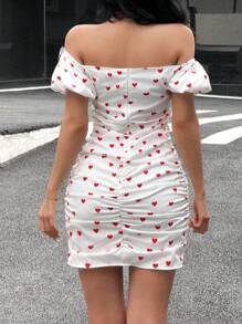 SHEIN Teen Girls Off Shoulder Heart Ruched Waist Puff Sleeve Dress, Suitable For Teen Girls, Casual, Office, Party Wear, Summer Valentine's Day