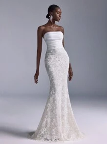 SHEIN Belle 简约白色蕾丝性感紧身美人鱼长裙，婚礼宾客礼服，适合晚会、活动和正式晚宴的女士礼服，礼服