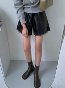 DAZY Women's PU Leather Waist Elastic Lace Splice Shorts, All Season - Black - View 5