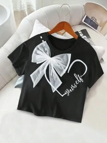 Tween Girl Casual Round Neck Short Sleeve T-Shirt, Bow & Heart Letter Print, Versatile Summer Top