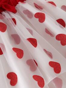 SHEIN 2pcs/Set Young Girl Lush Round Neck Cap Sleeve Cropped Bow Top And High Waist Glitter Heart Tulle Skirt, Valentine's Day Clothes Outfit - Red - View 5