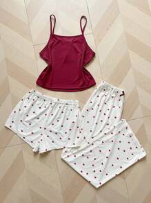 Set de pijama de 3 piezas con estampado de corazones para mujer, conjunto de ropa para el Día de San Valentín - Rojo - Ver 2