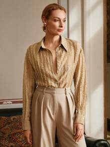 Anewsta Elaire Casual Loose Textured Striped Women Shirt, Old Money, Modest, Summer Gold Shirt Women Earthy Clothes Women Maija Women Clothes Women Blouses - Brown - View 1