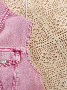 Girls' Washed Denim Pink Sleeveless Shirt Dress - Pink - View 5