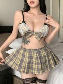 DAZY Conjunto de lencería sexy con lazo a cuadros para mujer - Morado - Ver 3