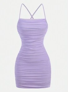 SHEIN Girlism Váy ngắn bó sát lưới màu tím hoa cà dành cho bé gái tuổi teen, trang phục dự tiệc co giãn đàn hồi cho mùa xuân và mùa hè cho ngày lễ tình nhân - Màu tím hoa cà - Xem 3