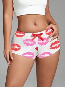 Zolique Casual Sports Vacation Valentine's Day Sexy Red Lips Print And Bow Design Women's Mini Shorts