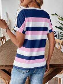 EMERY ROSE Women's Round Neck Patchwork Striped Print Raglan Short Sleeve Button Decor Loose T-Shirt - Multicolor - View 2