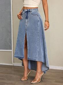 SHEIN SXY 女士休闲牛仔裙，简约时尚街头服饰 - 藍色 - 查看 5