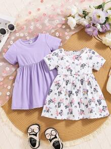 2pcs/Set Baby Girls Casual Loose Soft Solid Color & Butterfly Floral Print Purple Short Sleeve Dress 2 Pieces Set, High Cost-Effective, Suitable For Spring Summer Vacation And Outings