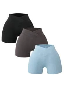 Flirla 3pcs/Set Plus Size Solid Color Simple Asymmetric Waist Ribbed Bottoming Shorts - Multicolor - View 1