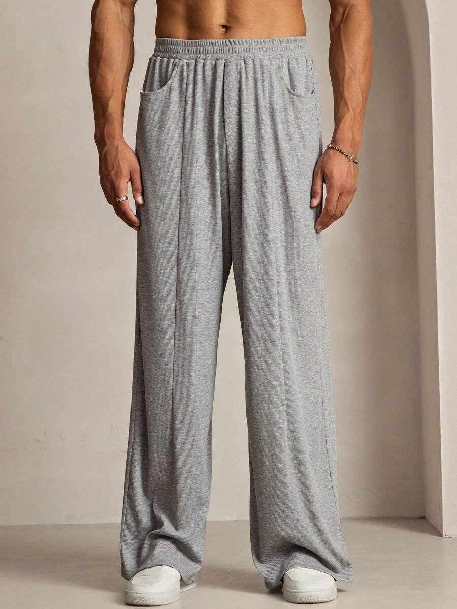 Manfinity VCAY Quần ống đứng đơn sắc thời trang thường ngày dệt kim rộng rãi cho nam - Xám - Xem 1