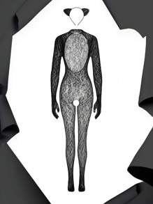 女士内衣服装 - 性感魅力，野猫网眼豹纹印花 - 黑色 - 查看 2