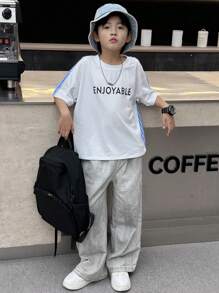 DAZY 青少年男孩字母印花条纹圆领落肩袖休闲 T 恤，返校服 - 白色 - 查看 2