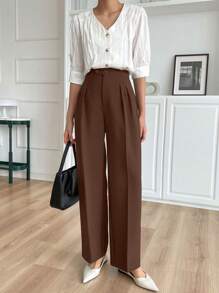 DAZY Casual Plain Solid Color Long Pants, Simple Fashionable Everyday Business Style,Women Dress Pants - Brown - View 3