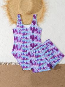 2pcs/Set Teen Girls One-Piece Printed Swimsuit - Multicolor - View 2