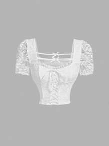 SHEIN MOD White Elegant T-Shirt With Lace Front Bow, Summer Date T-Shirt, Romantic T-Shirt, Vacation T-Shirt, Beach Vacation Wear