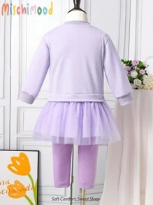 Ensemble de vêtements à domicile pour bébés filles avec série violette, robe à manches longues en maille brodée avec un lapin mignon et leggings décontractés