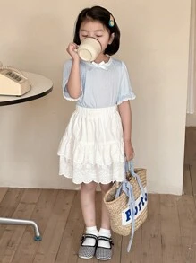 DAZY 2pcs/Set Girls Young Girl Round Neck Knit Short Sleeve Top And Skirt, Fall Outfit (Size: Small) - Blue - View 3