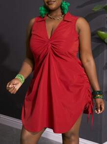 Slaydiva Elegant & Casual & Commuting & Party & Date Sexy Fitted Solid Rust Red Sleeveless Plunging Shirred Twist Side Drawstring Waist Women Plus Size Mini Shirt Dress