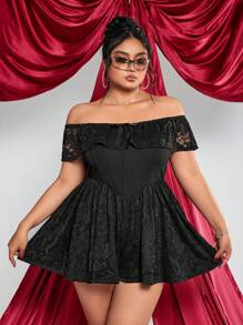 SHEIN ICON Plus Size Black Off Shoulder Ruffle Waisted Jumpsuit With Bowknot Decor, Date Night Off Shoulder Jumpsuit - Black - View 5