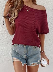 SHEIN LUNE Women's Vacation Casual Solid Color Batwing Sleeve T-Shirt