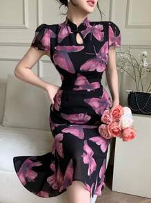 DAZY Chinese Style Floral Print Stand Collar Mid-Long Dress For Women, Festival/Valentine's Day Prom Dress Elegant Women Dresses - Pink - View 7