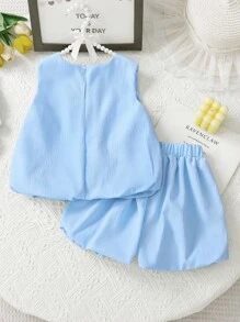 SHEIN 2 pièces/Set Top à volants sans manches avec décor floral 3D et short lanternes pour jeune fille, été - Bleu azur - Voir 2