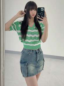 DAZY Top corto tejido con bloque de color y cuello en V, manga corta, color verde, para primavera/verano - Verde - Ver 3