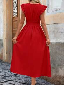 SHEIN Clasi Elegantes Damen Sommerkleid in Unifarbe mit Rüschen-Besatz und geraffter Taille, Maxikleid Damen Outfit