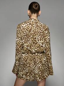 MISSGUIDED Elegant Leopard Print Romper Playsuit Short Jumpsuit With Long Sleeves Mock Neck Party Club Evening Special Occasion Spring Summer Fall - Multicolor - View 2