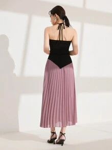 Modelyn Women's Korean Style Fashion Knit Fabric Black Tube Top Neck-Tied Patchwork Color Contrast Ruffle Hem Dress