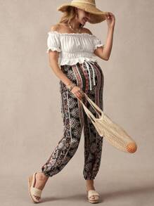 SHEIN 2pcs Maternity Solid Color Off Shoulder Short Sleeve Top & Pants Set