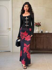 EastFlair 女士优雅中国风纽扣喇叭袖衬衫 - 黑色 - 查看 1