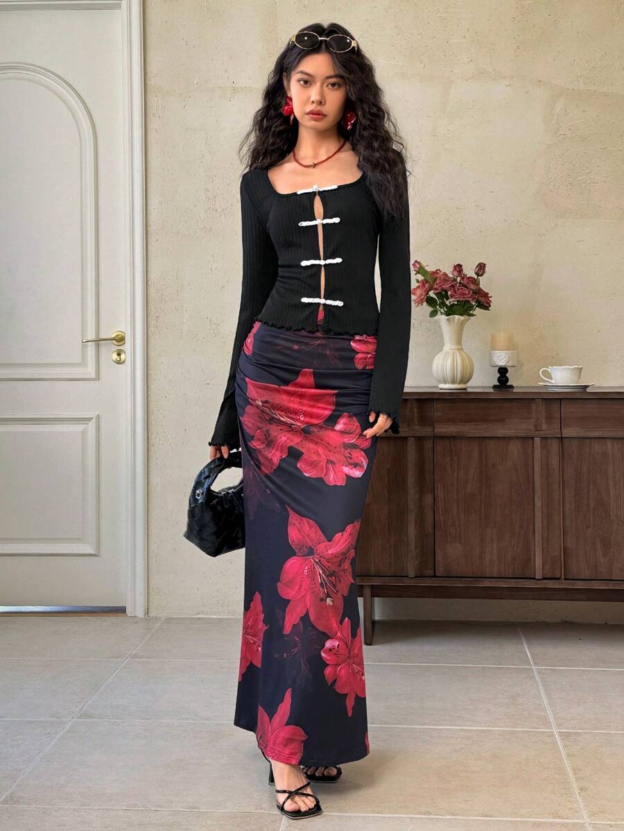 EastFlair 女士优雅中国风纽扣喇叭袖衬衫 - 黑色 - 查看 1