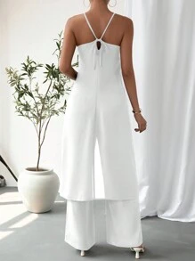 SHEIN Essnce 2 件女士度假套装：纯色露背无袖上衣，开衩下摆，裤子，女士 2 件套服装，女士夏季服装 - 白色 - 查看 2