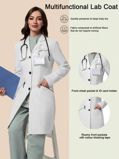 Scrubzie Women's Anti-Wrinkle Contrast Stitching Black & White Lab Coat/Smock