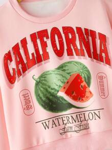 Sudadera informal de manga larga con cuello redondo y hombros caídos, con estampado de letras y sandía, para adolescentes, para otoño/invierno - Rosa - Ver 5