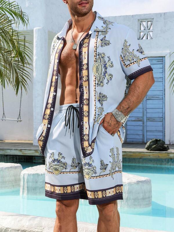 Manfinity RSRT Plus Size Men's Vintage Printed Short Sleeve Shirt And Shorts 2 Pieces Set, Casual Holiday Outfit