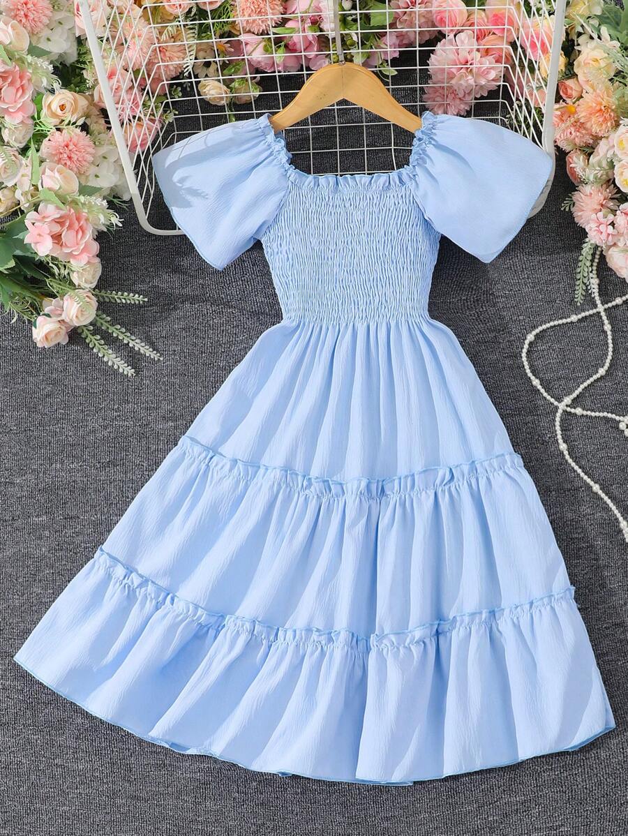 Tween Girl Solid Color Halter Short Sleeve Dress - Blue - View 1