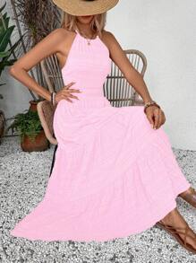 Breezaya 夏季假日纯色纹理露背连衣裙新年衣服长款度假海滩装女士 - 粉色 - 查看 3