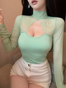 DAZY 派对和返校蕾丝拼布镂空长袖衬衫 T 恤女士情人节 - 薄荷綠 - 查看 8