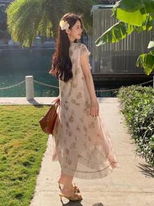 DAZY Plant Print A-Line Mini Dress With V-Neck And Flared Hem, Casual Vacation Style - Beige - View 2