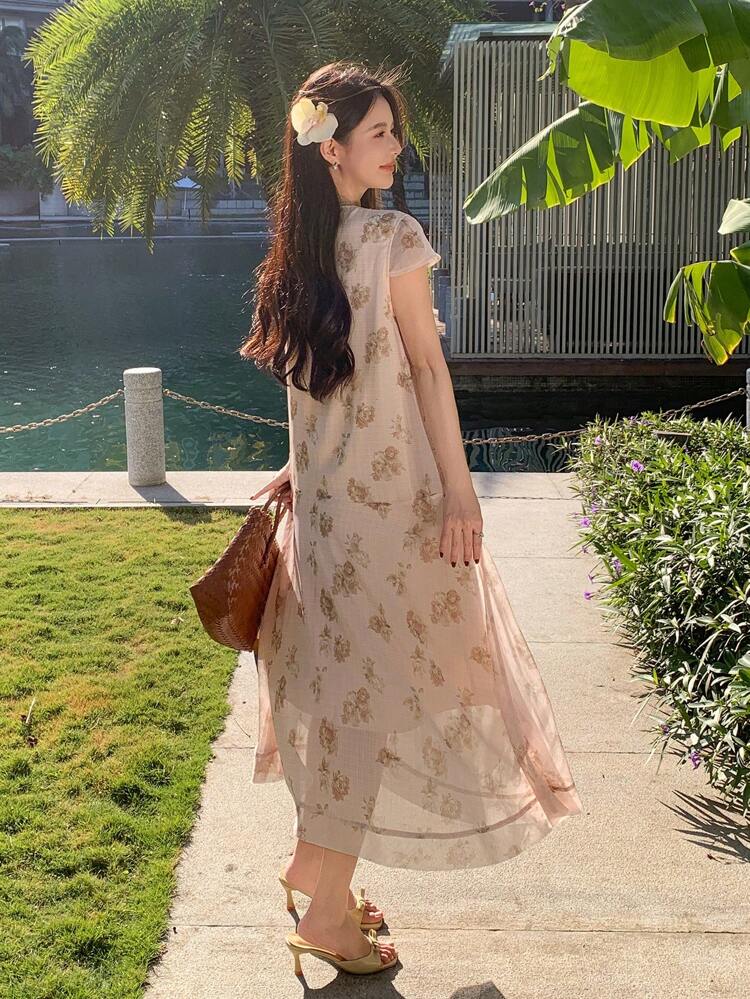 Plant Print A-Line Mini Dress With V-Neck And Flared Hem, Casual Vacation Style Maxi Dress Boho