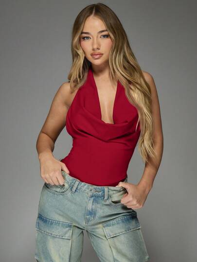 MISSGUIDED Cowl Neck Halter Sleeveless Backless Bodysuit｜MISSGUIDED