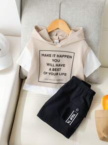 SHEIN 2pcs/Set Tween Boy Beige Summer Streetwear School Back-To-School Letter Print Oversized Hooded T-Shirt & Contrast Drawstring Cargo Shorts Set,Travel - Khaki - View 6