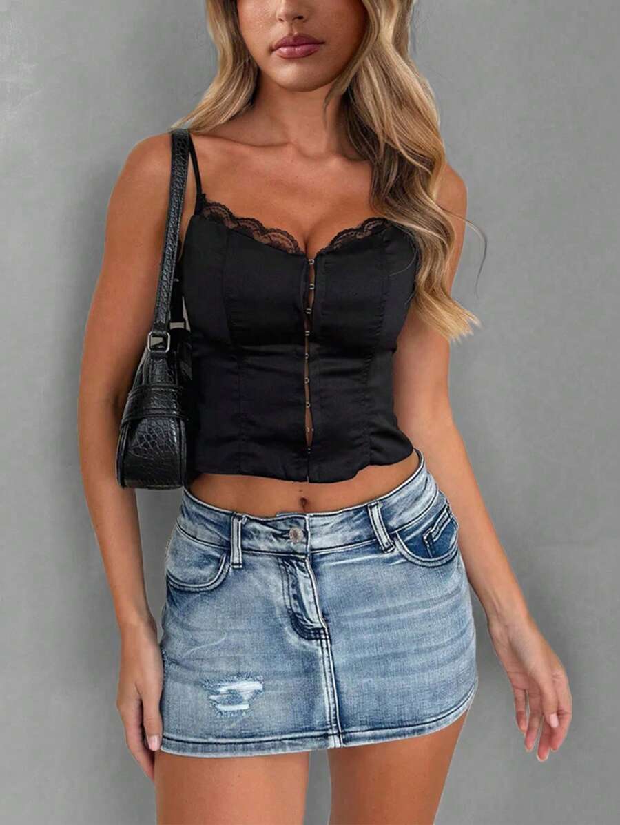 INAWLY Ladies' Sexy Lace Edge Fitted Spaghetti Strap - Black - View 1