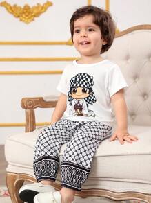 Baby Boy Crew Neck Short Sleeve Printed Casual Top And Pants Set - Multicolor - View 3