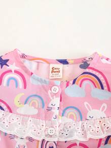 SHEIN 2pcs Baby Girl Cartoon Rabbit Print Round Neck Ruffle Trim Long Sleeve Shirt And Elastic Waist Ankle Banded Pants Pajamas Set - Pink - View 6