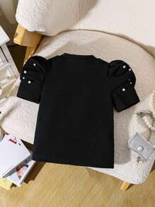 Elladie kids 年轻女孩珍珠装饰圆领短款泡泡袖 T 恤 - 黑色 - 查看 2